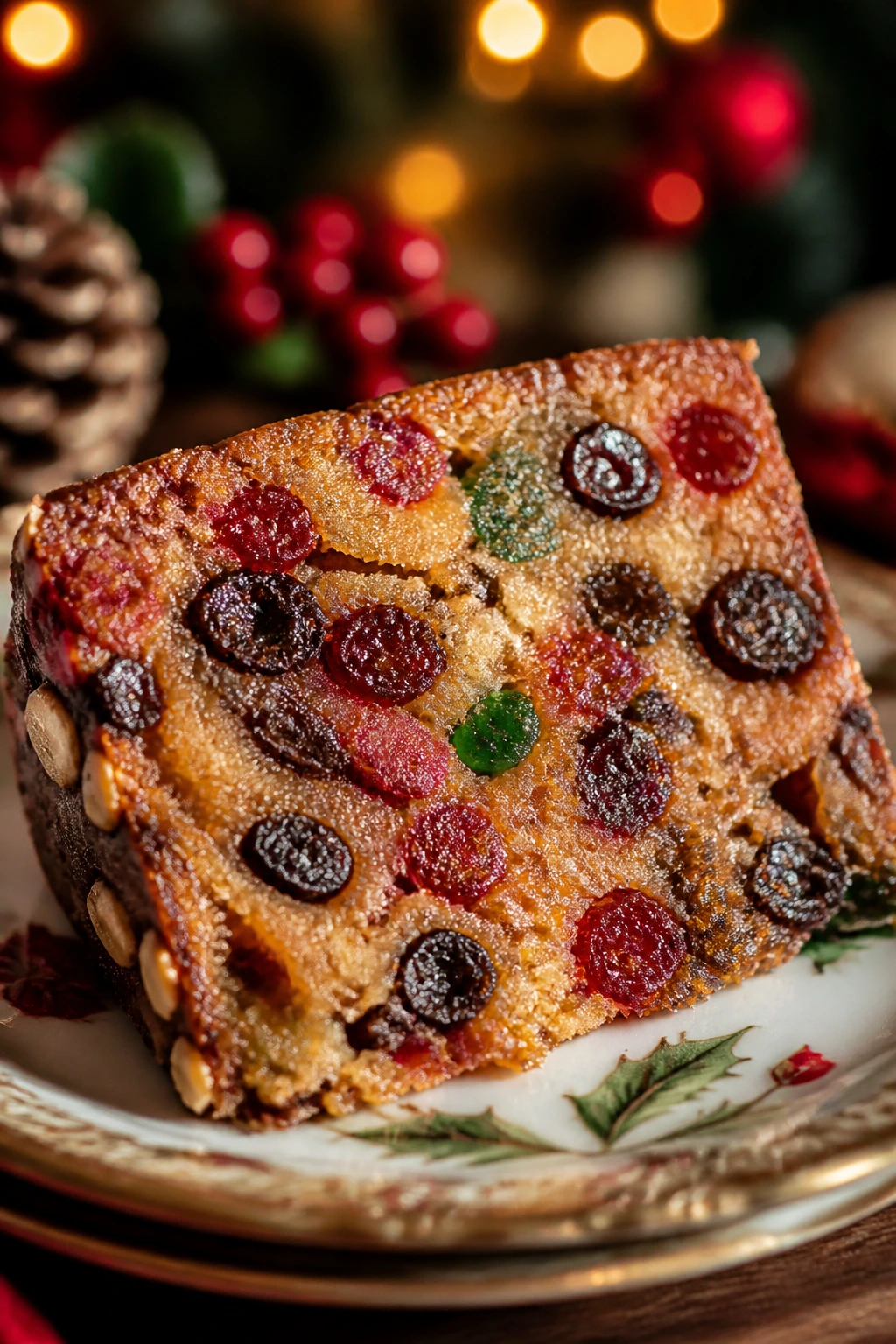 What Does Fruit Cake Taste Like? 5 Festive fruit cake slice on plate with holiday lighting