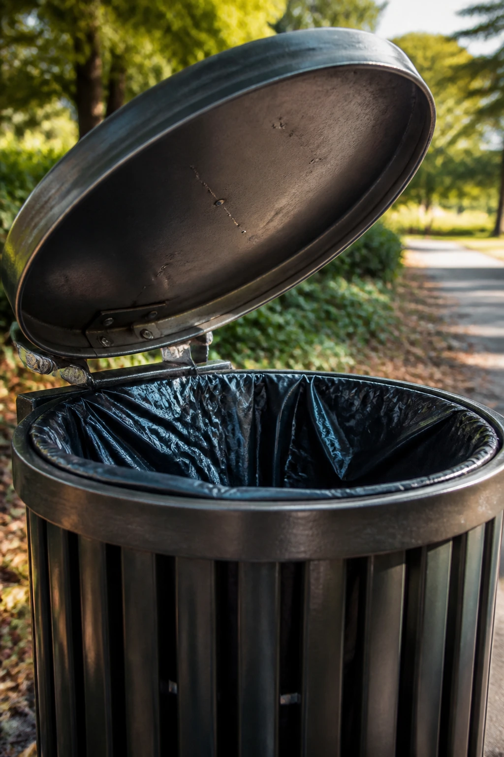 Etiquette: Is Throwing A Banana Peel Littering? 4 Metal trash bin in a park with the lid open.