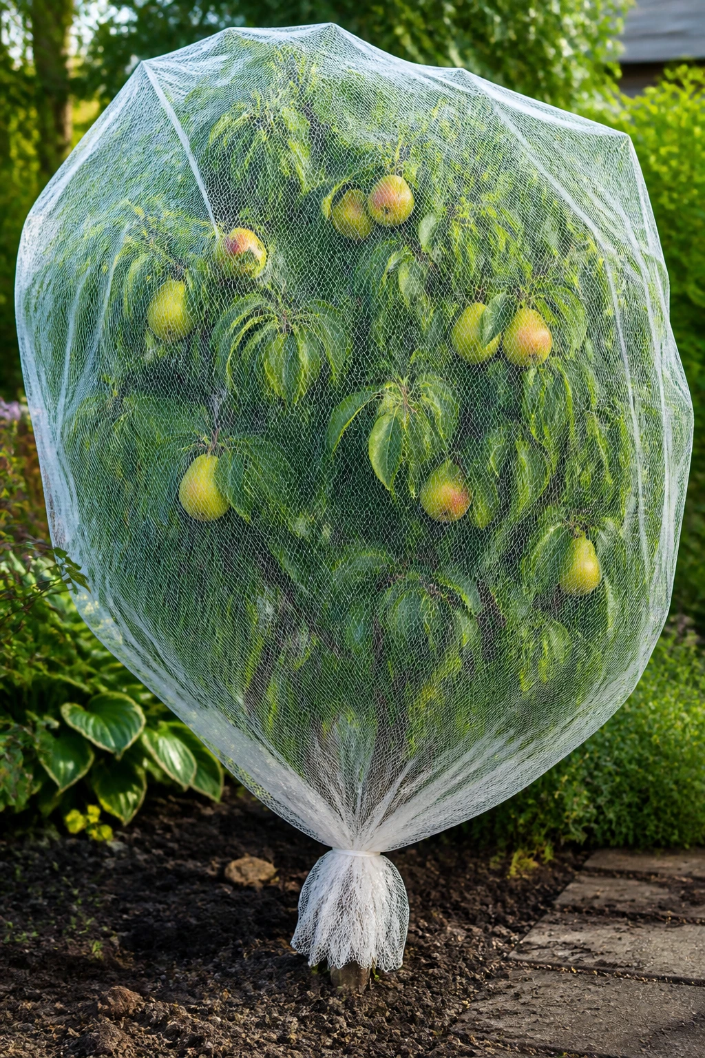 Tree wrapped in garden netting protecting fruit from birds and rats.