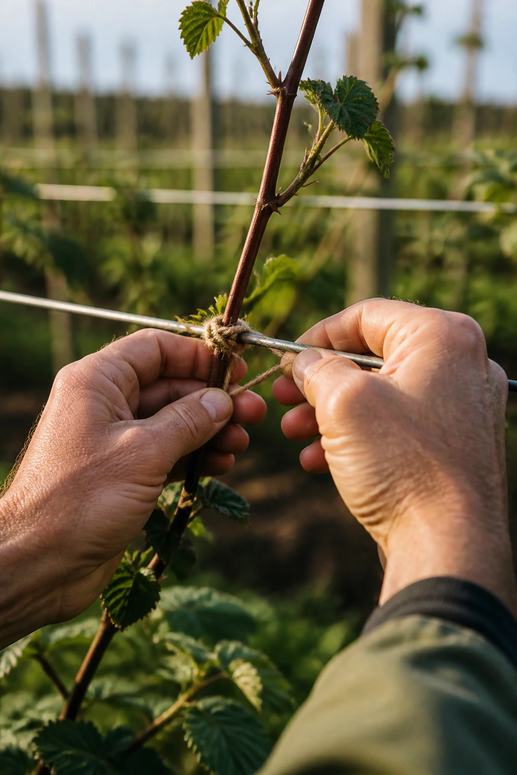Hands tying blackberry cane to trellis wire