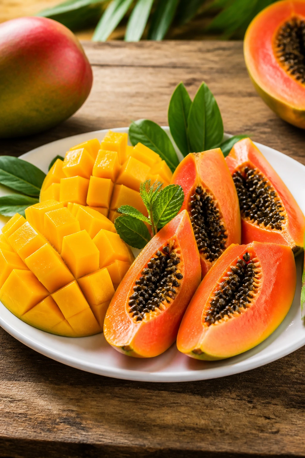Tropical fruit platter with mango slices and papaya wedges on a plate