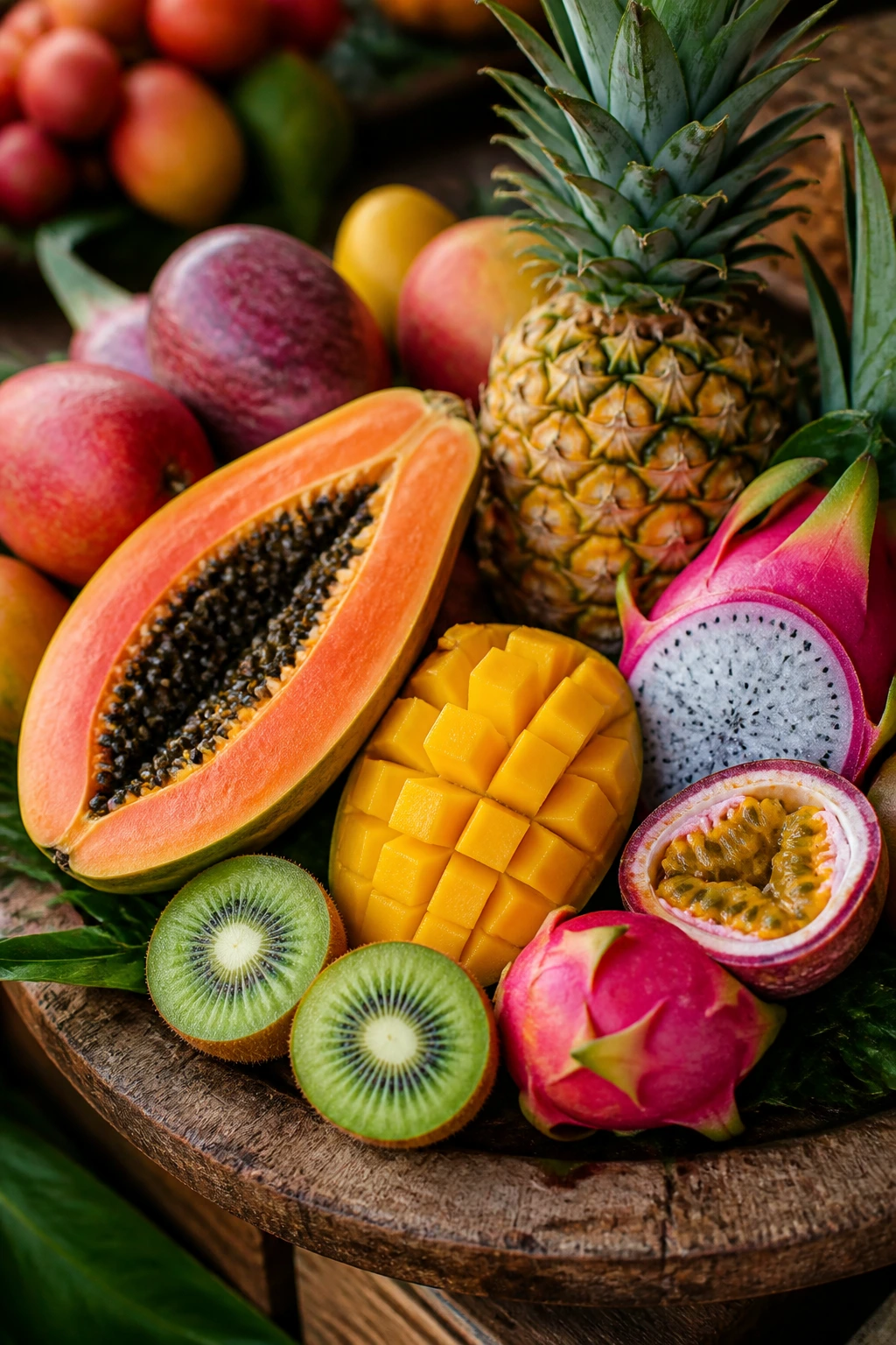 The 10 Characteristics of Tropical Fruits 1 Close-up of a colorful pile of tropical fruits including papaya, mango, pineapple, dragon fruit, kiwi, and passion fruit on a wooden surface