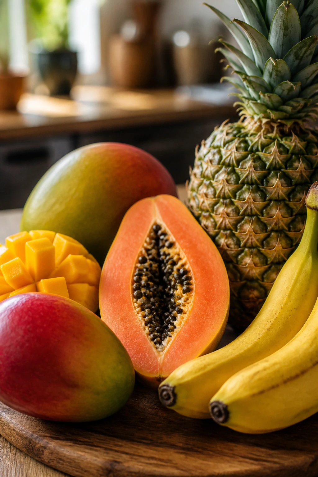 Close-up of tropical fruits mango papaya banana pineapple on wooden board