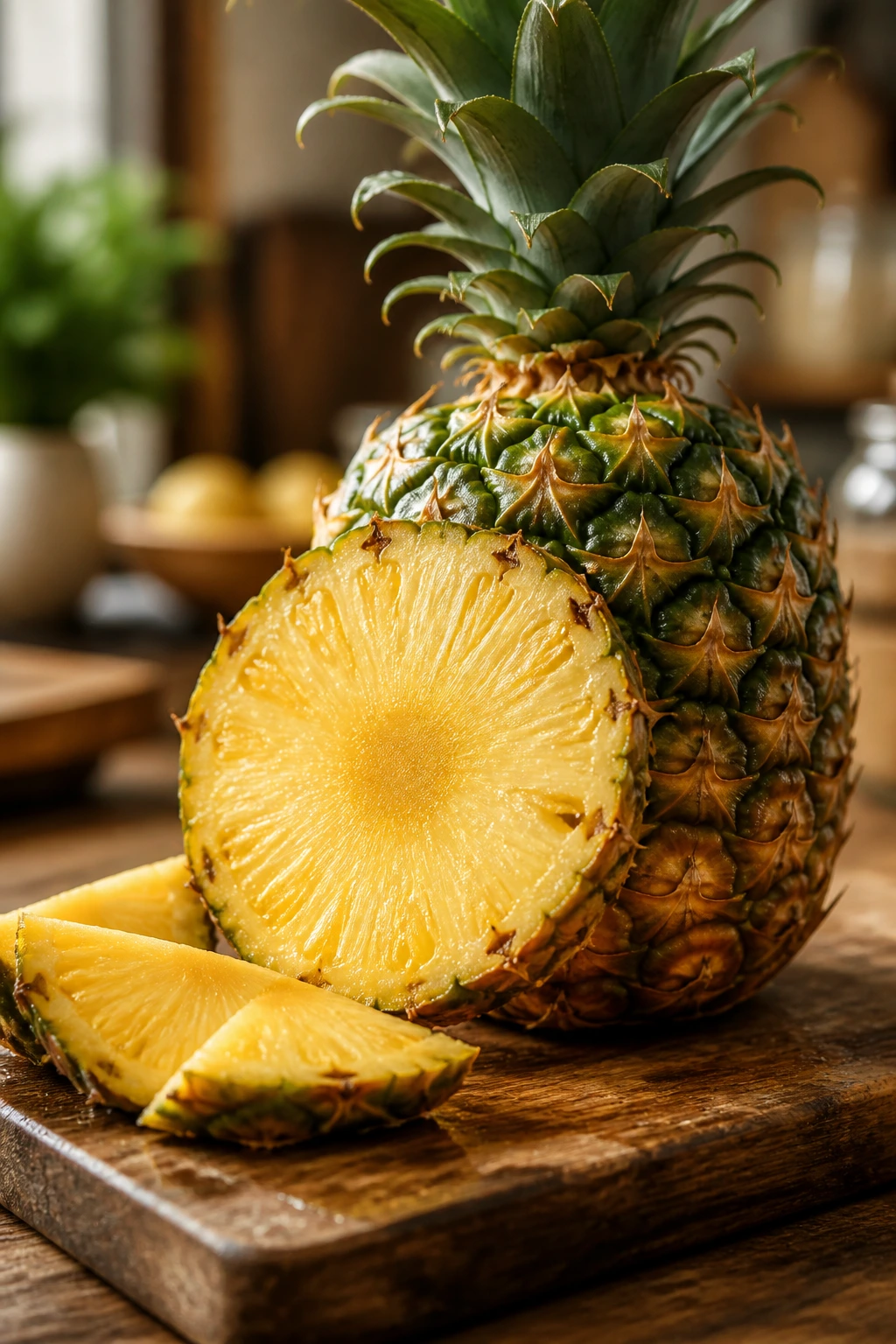 Close-up of a pineapple on a rustic board with warm lighting