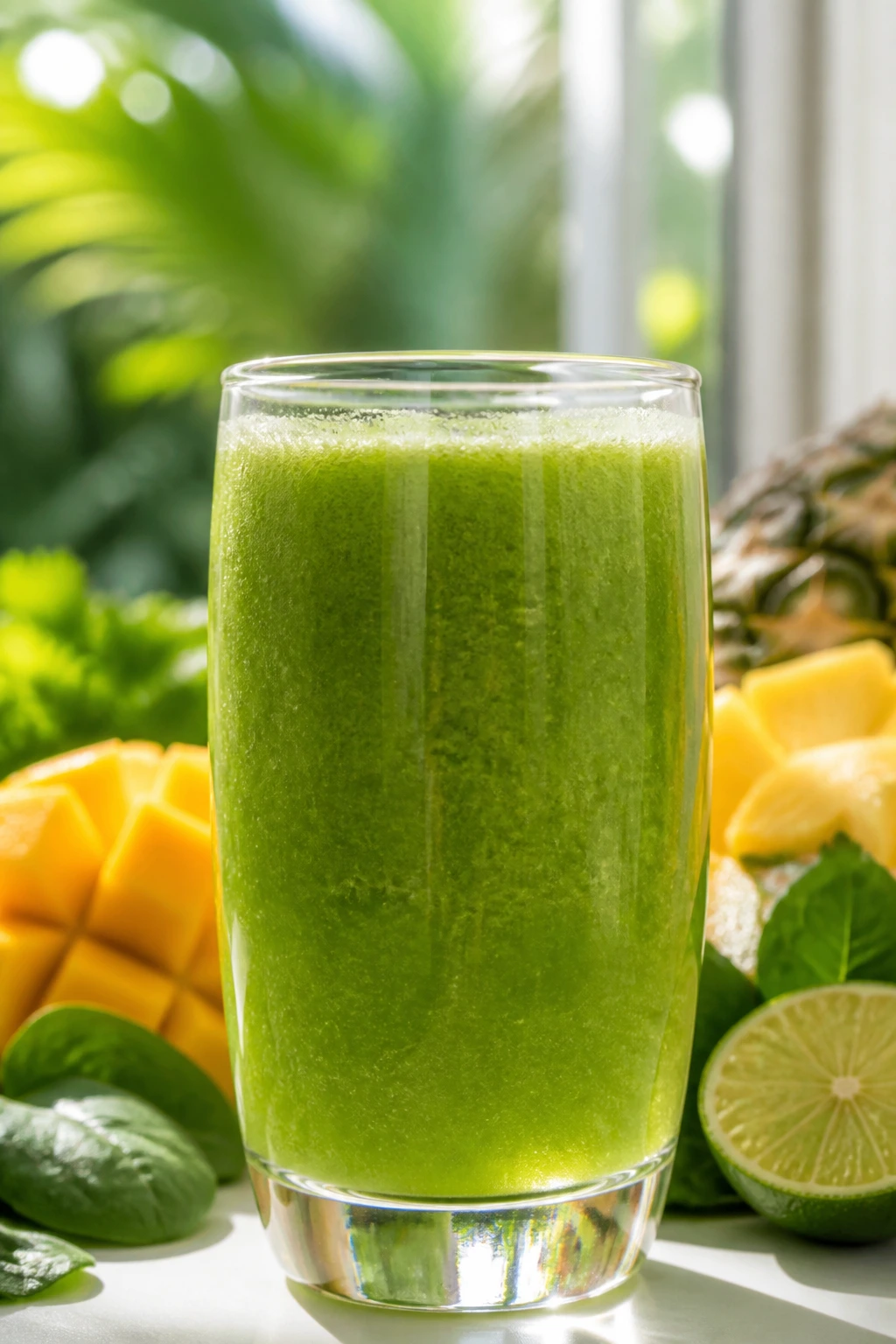 Close-up of a glass of Tropical Green Juice with a vibrant green hue.
