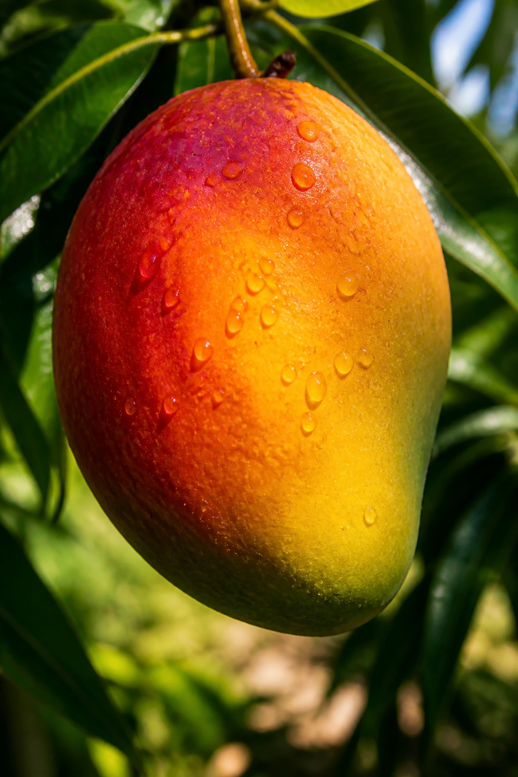 Close-up of a ripe mango in warm sunlight, representing tropical fruits