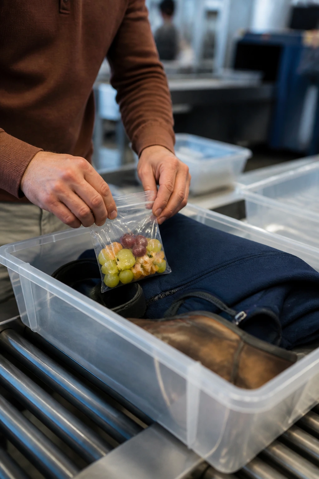 Traveler hands placing items into a security bin at an airport checkpoint, TSA context.