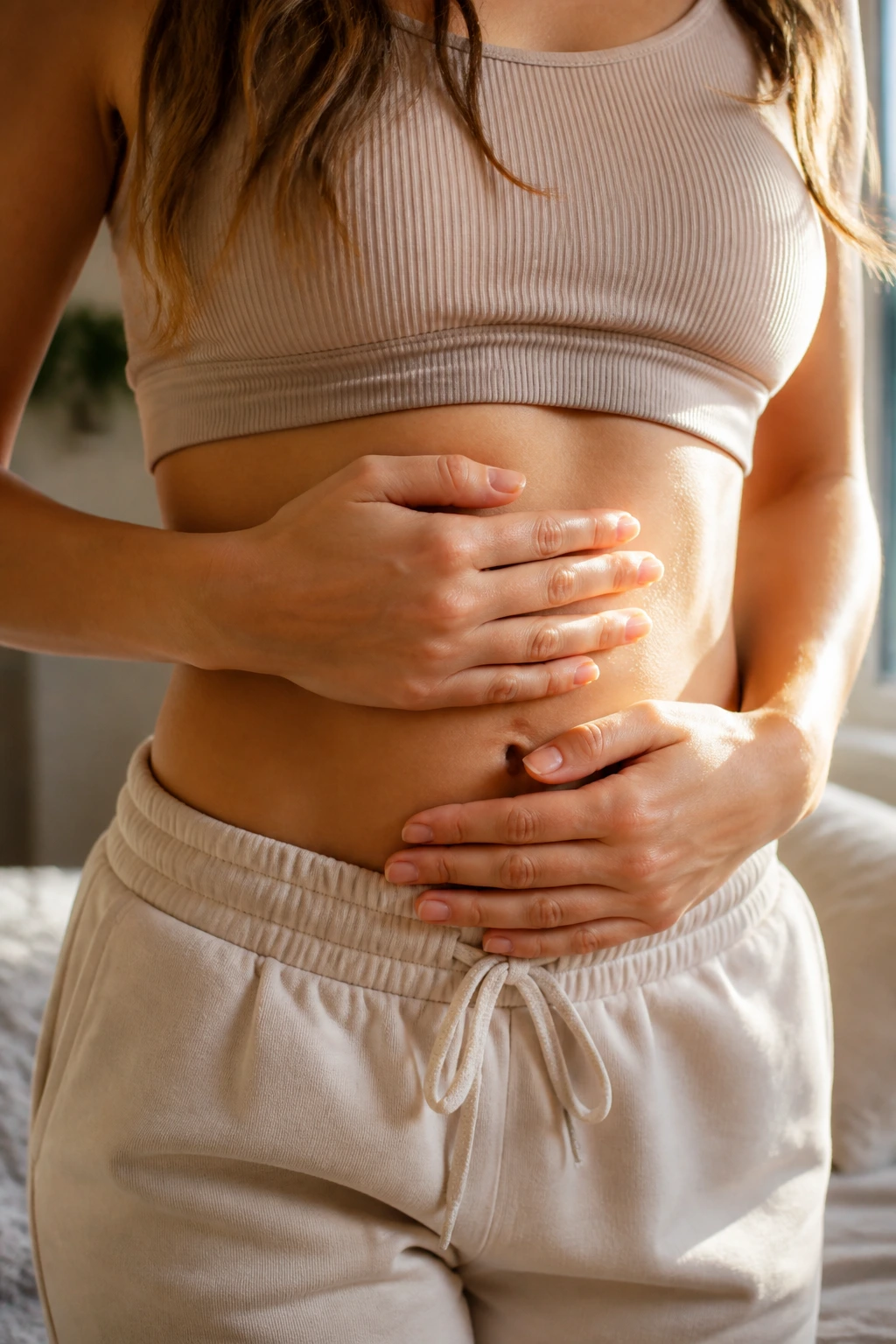 7 Incredible Health Benefits Of Eating Meyer Lemons 2 Close-up of a person's midsection with hands on the tummy, cozy home background