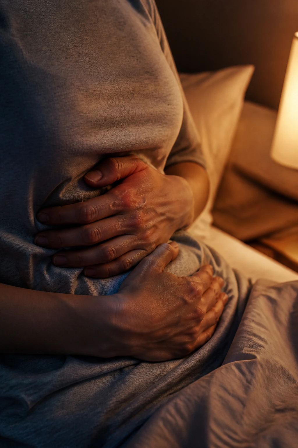 Close-up of a real person's abdomen and hands showing tummy discomfort at night