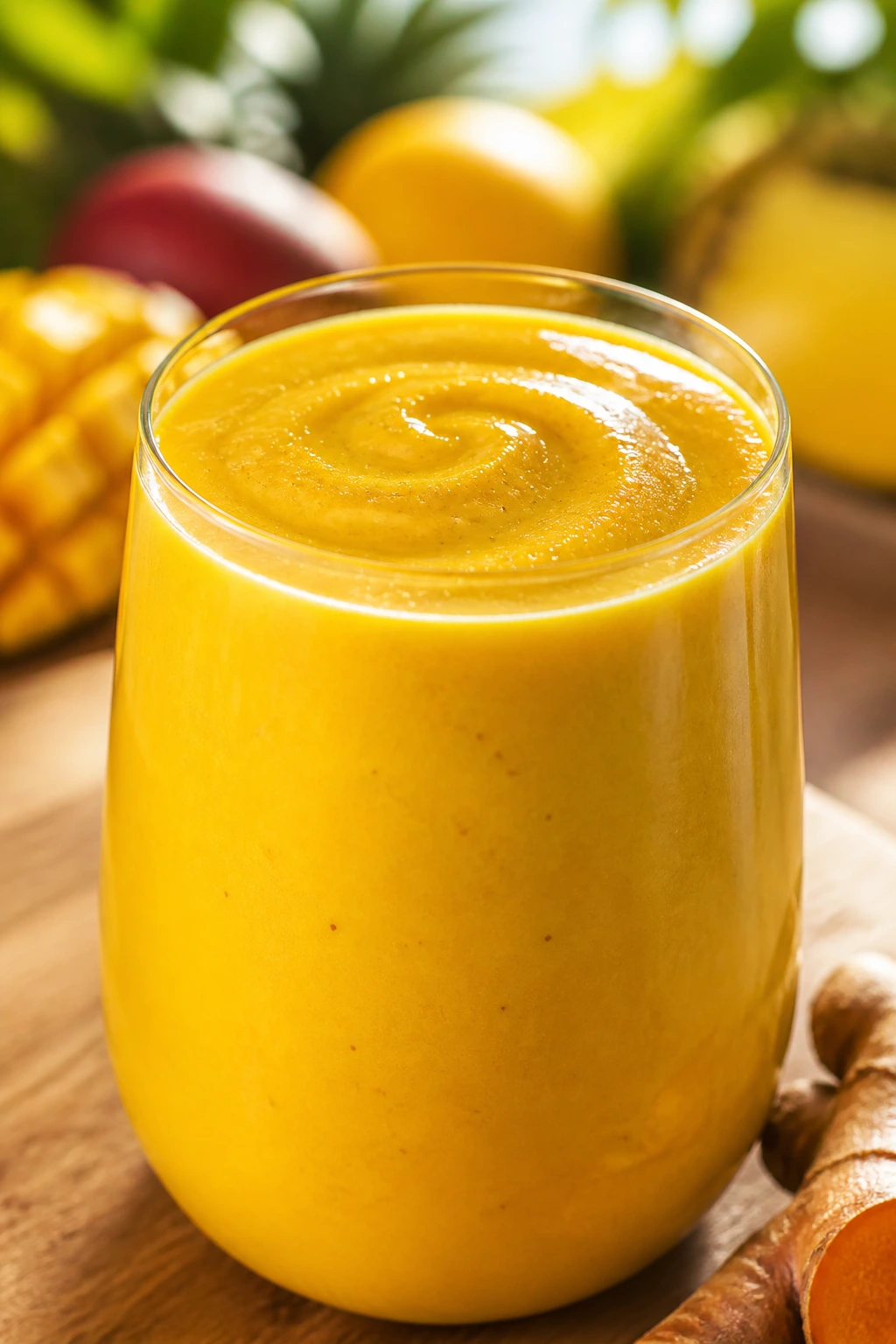 Golden Tropical Turmeric Twist smoothie in a glass on a sunny counter.