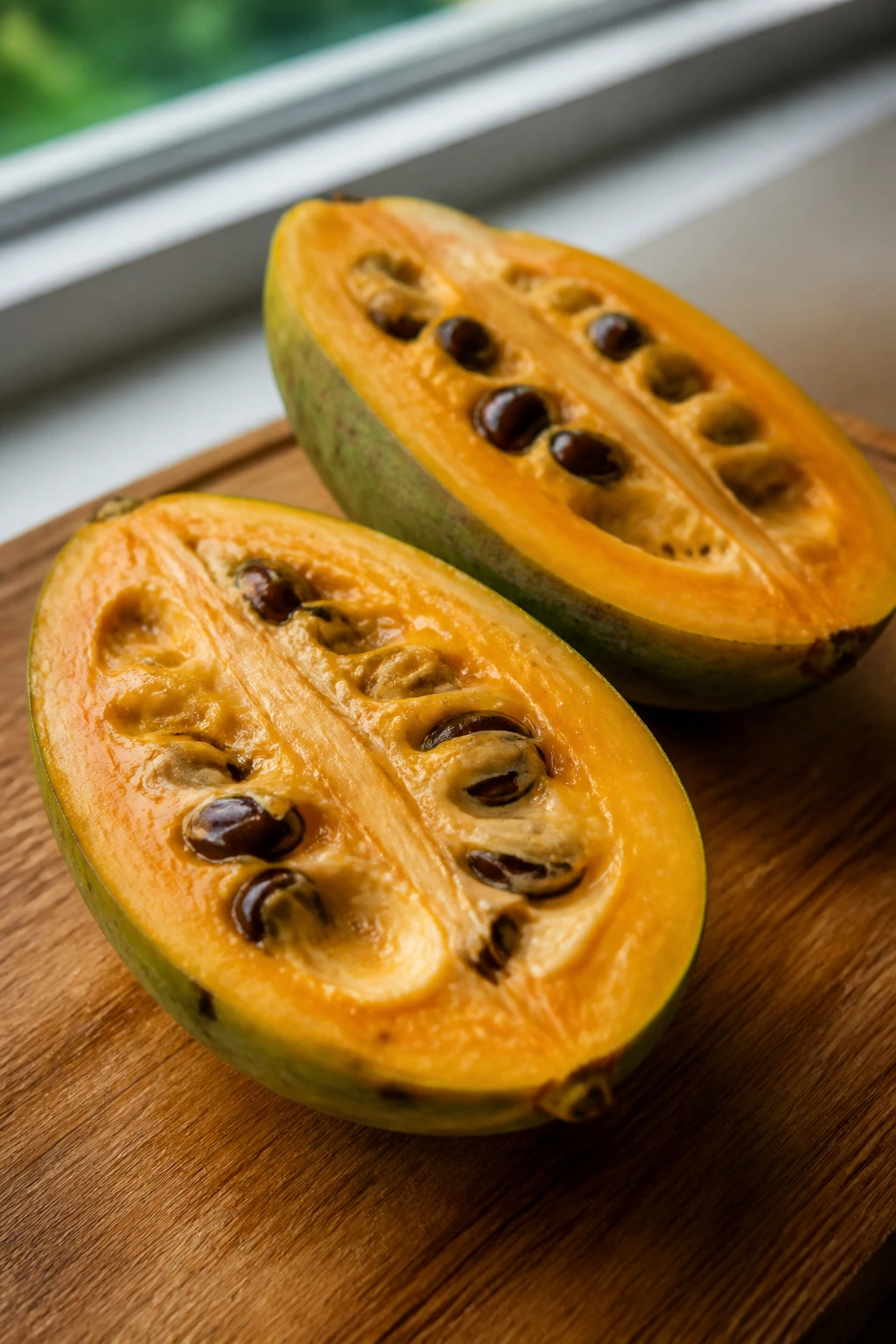 How To Grow Pawpaw From Seed: Step-By-Step Guide 9 Two halved pawpaws showing creamy flesh on a board