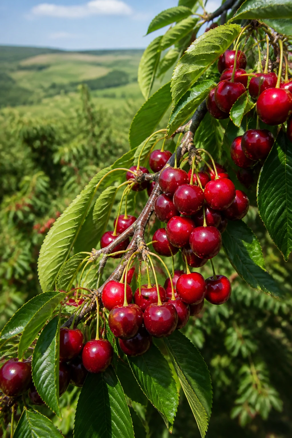 Close-up cherry-laden branch in a Ukrainian orchard