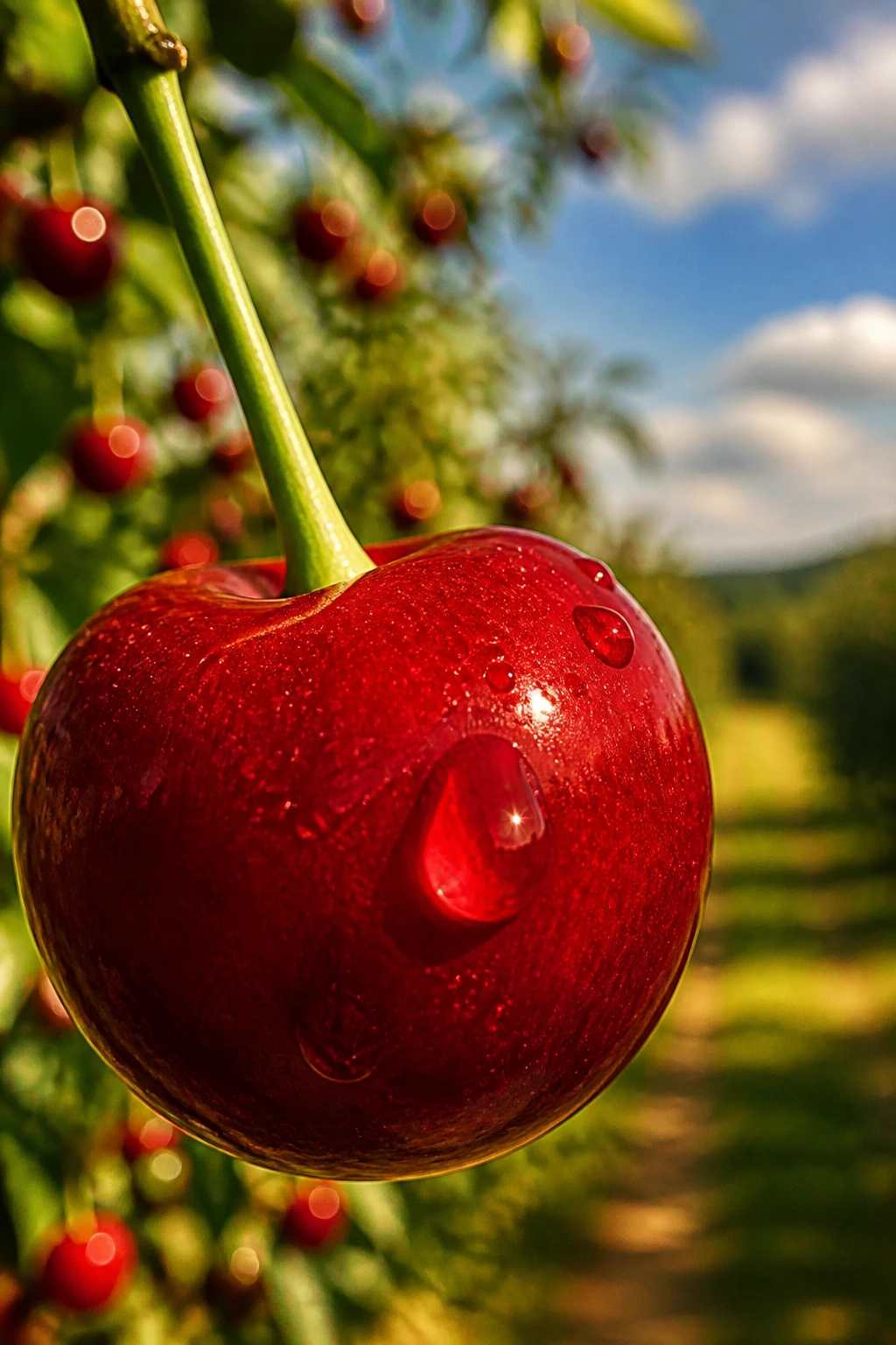 Close-up of a single red cherry in a sunlit Ukrainian orchard