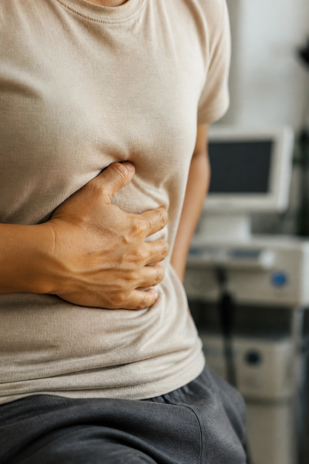 Close-up of a hand on the abdomen indicating ulcers in a clinical setting