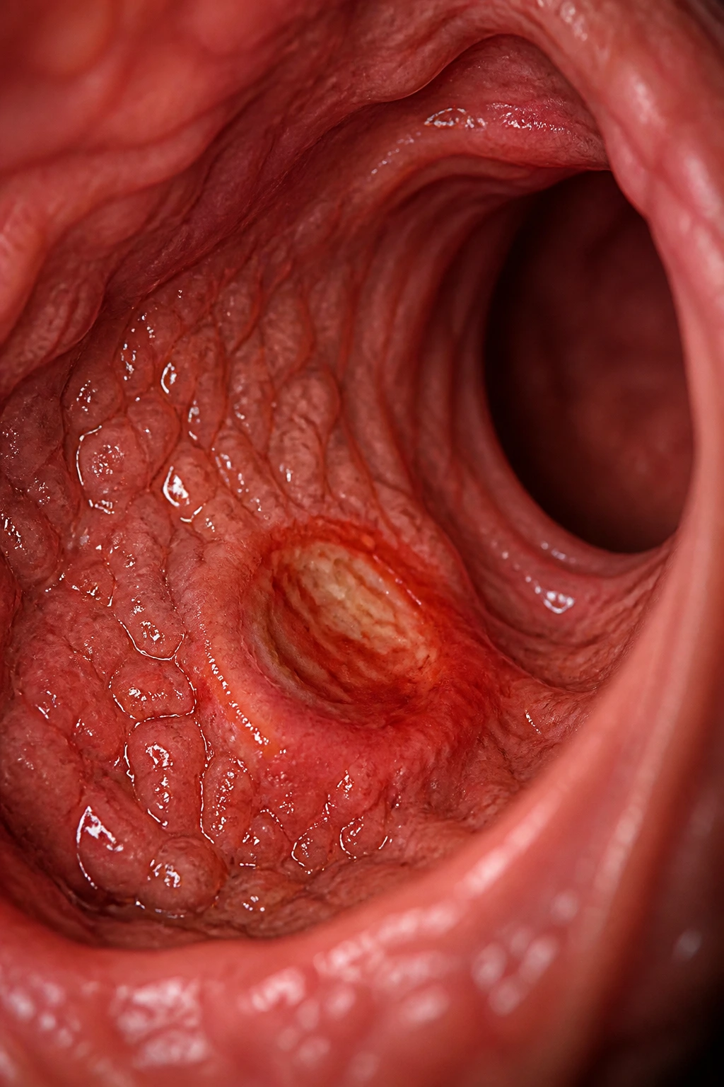 Macro view of irritated stomach lining indicating ulcers