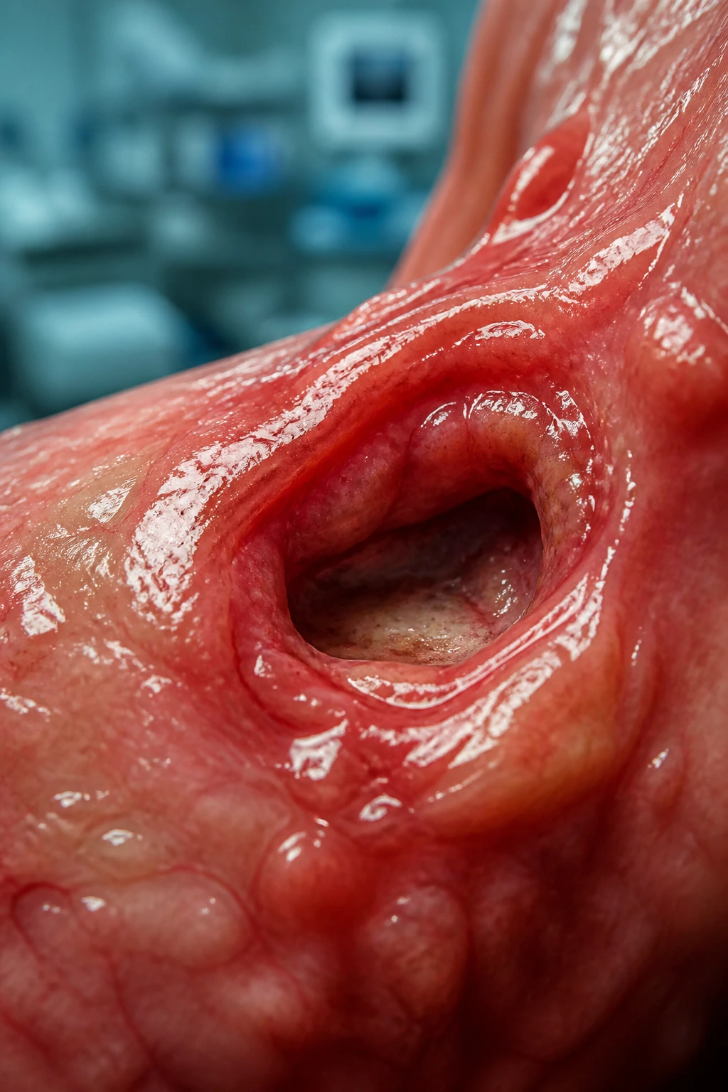 Close-up ulcerated stomach mucosa showing an internal sore