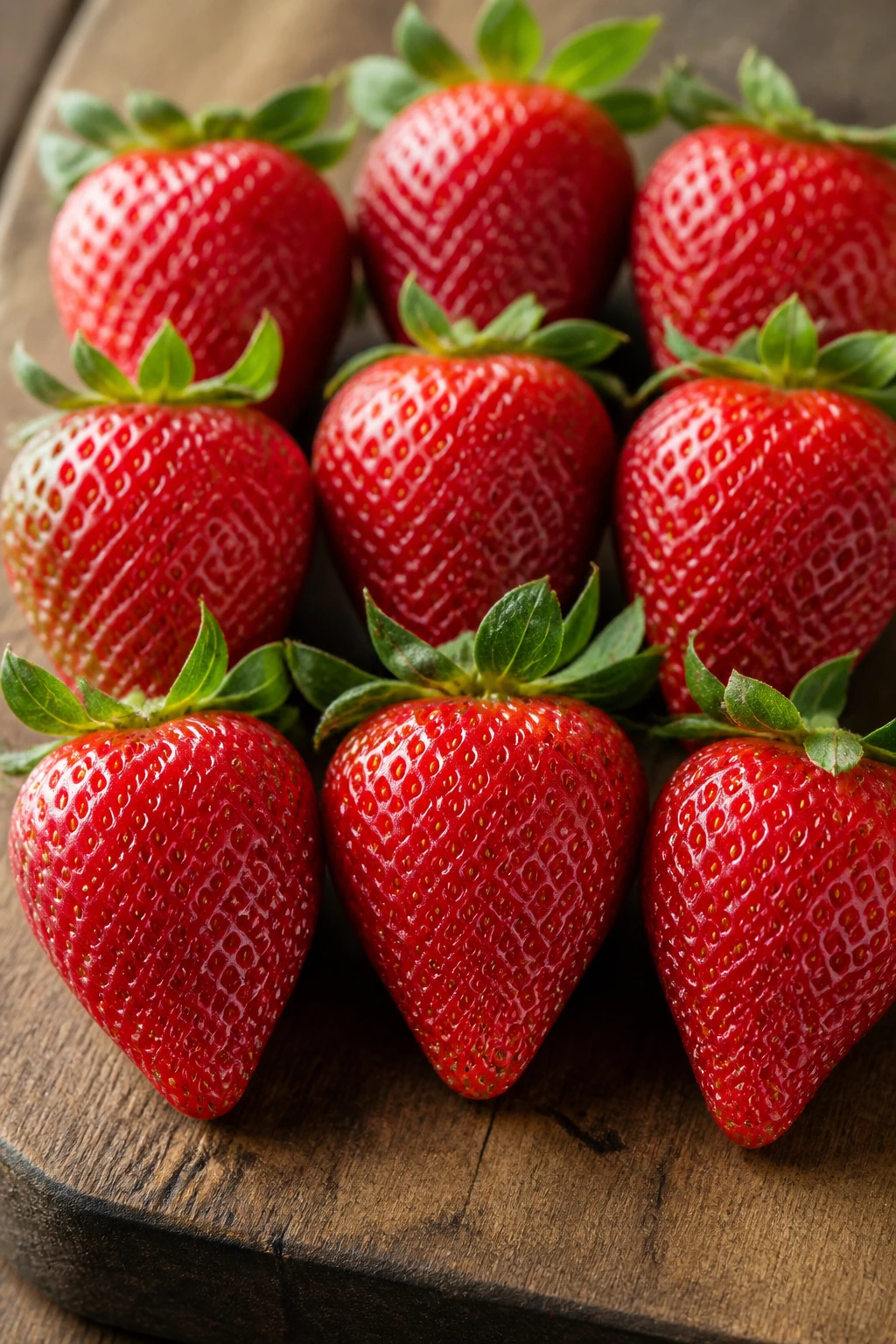 Cluster of uniform-sized strawberries on a wooden board