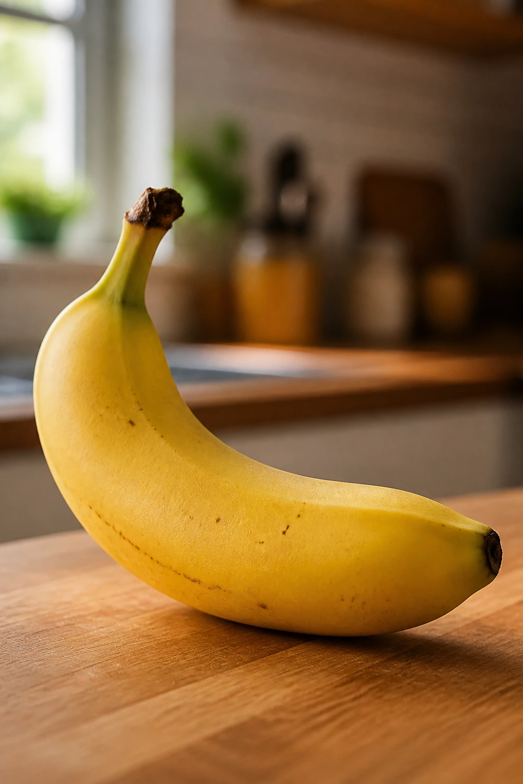 Unpeeled banana in a kitchen, close-up
