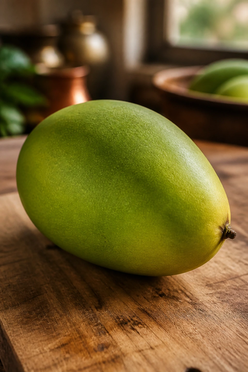 Is Unripe Mango Good For You? All You Need To Know 1 Close-up of a green unripe mango filling the frame on a wooden kitchen surface