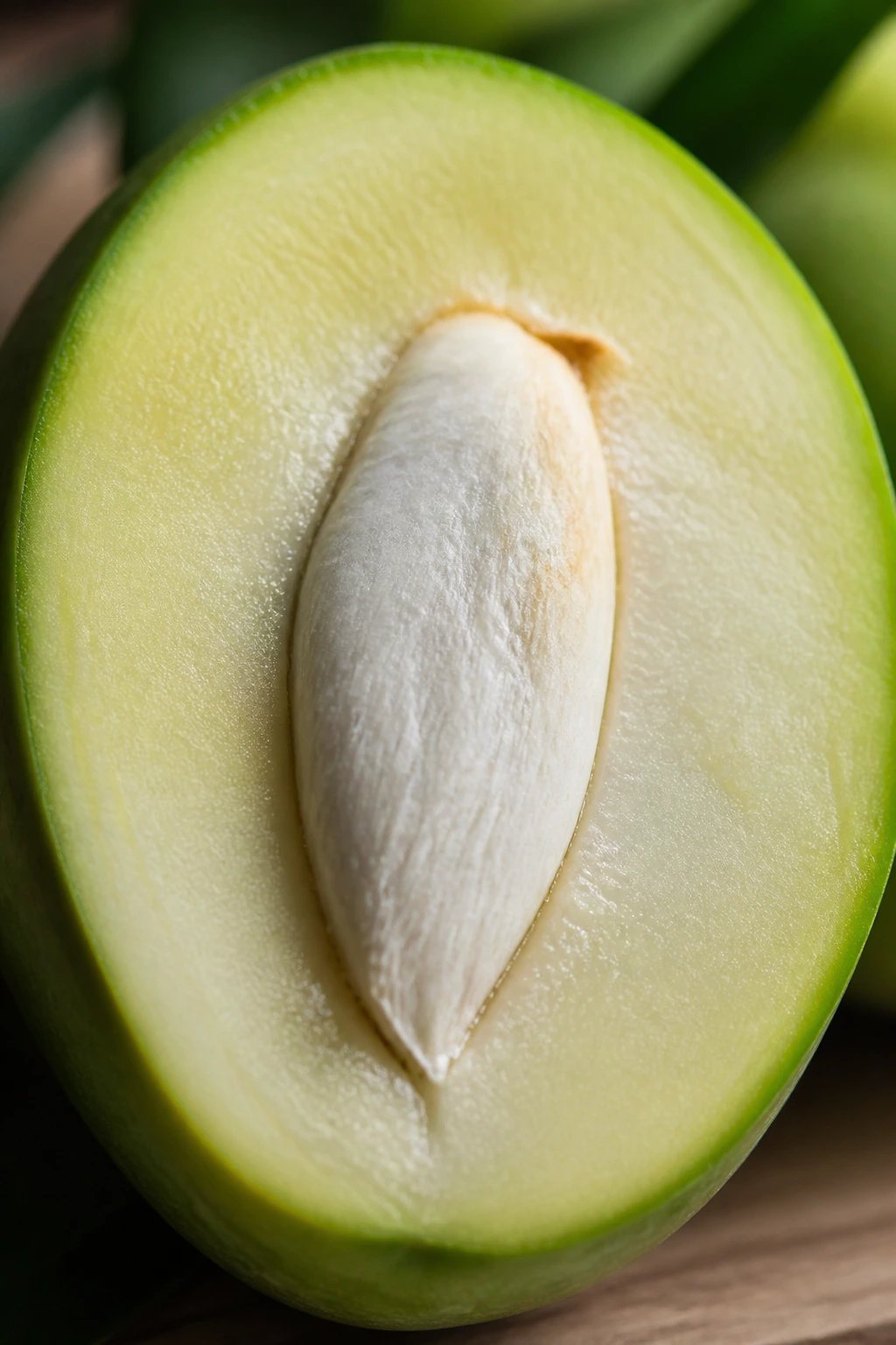 Is Unripe Mango Good For You? All You Need To Know 3 Cross-section of unripe mango showing flesh and seed