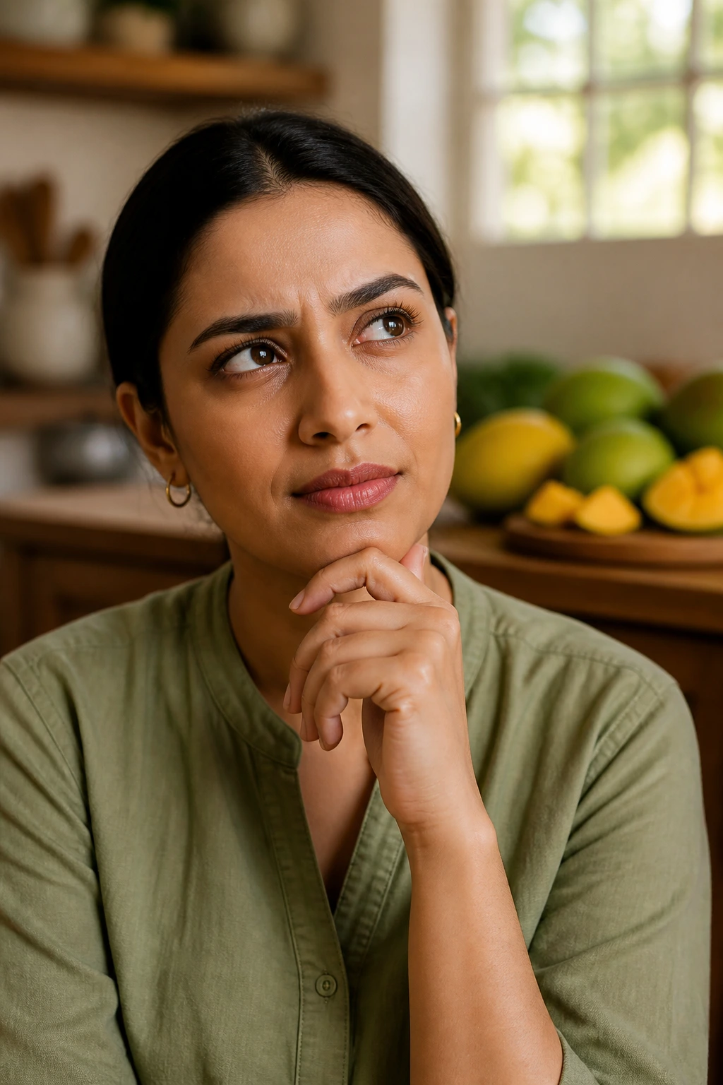 Is Unripe Mango Good For You? All You Need To Know 7 Close-up portrait of a real person in a kitchen, thoughtful expression about mango health questions