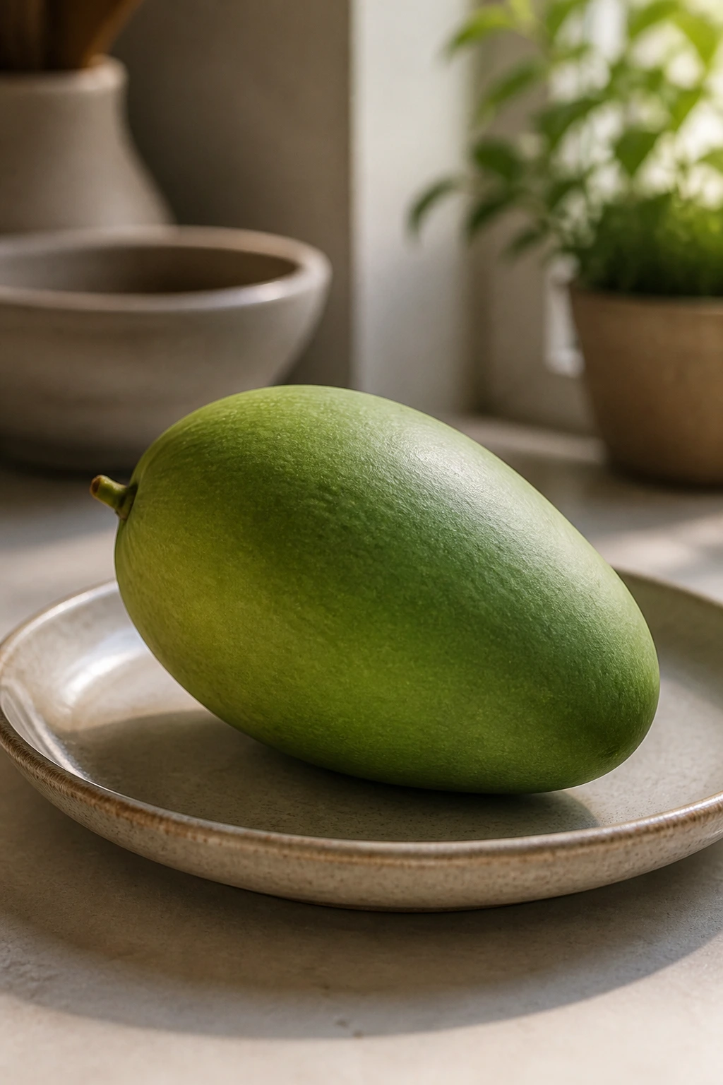 Is Unripe Mango Good For You? All You Need To Know 6 Unripe mango on plate in warm kitchen lighting