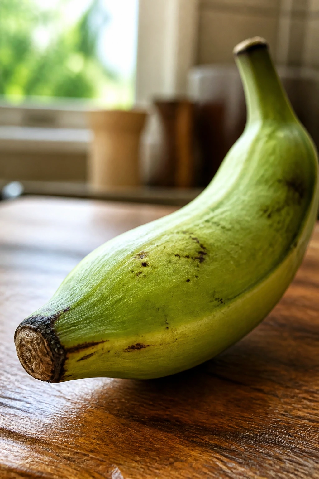 Close-up of a single green unripe plantain on a wooden kitchen counter