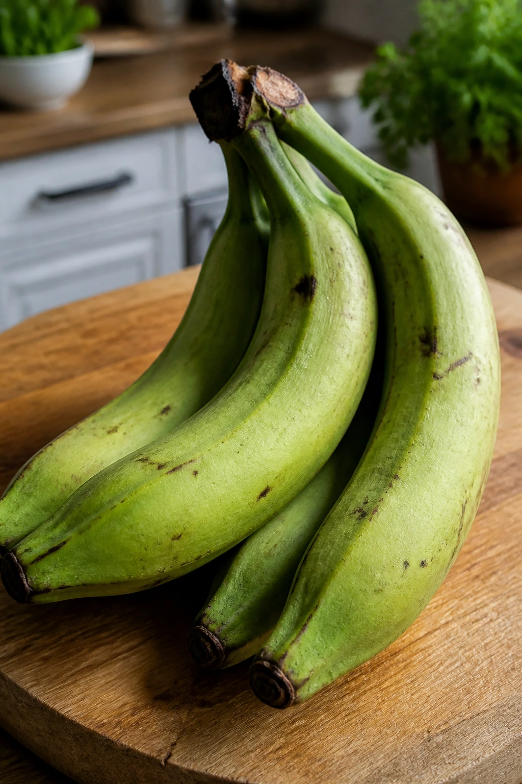 Close-up of green unripe plantains on a cutting board