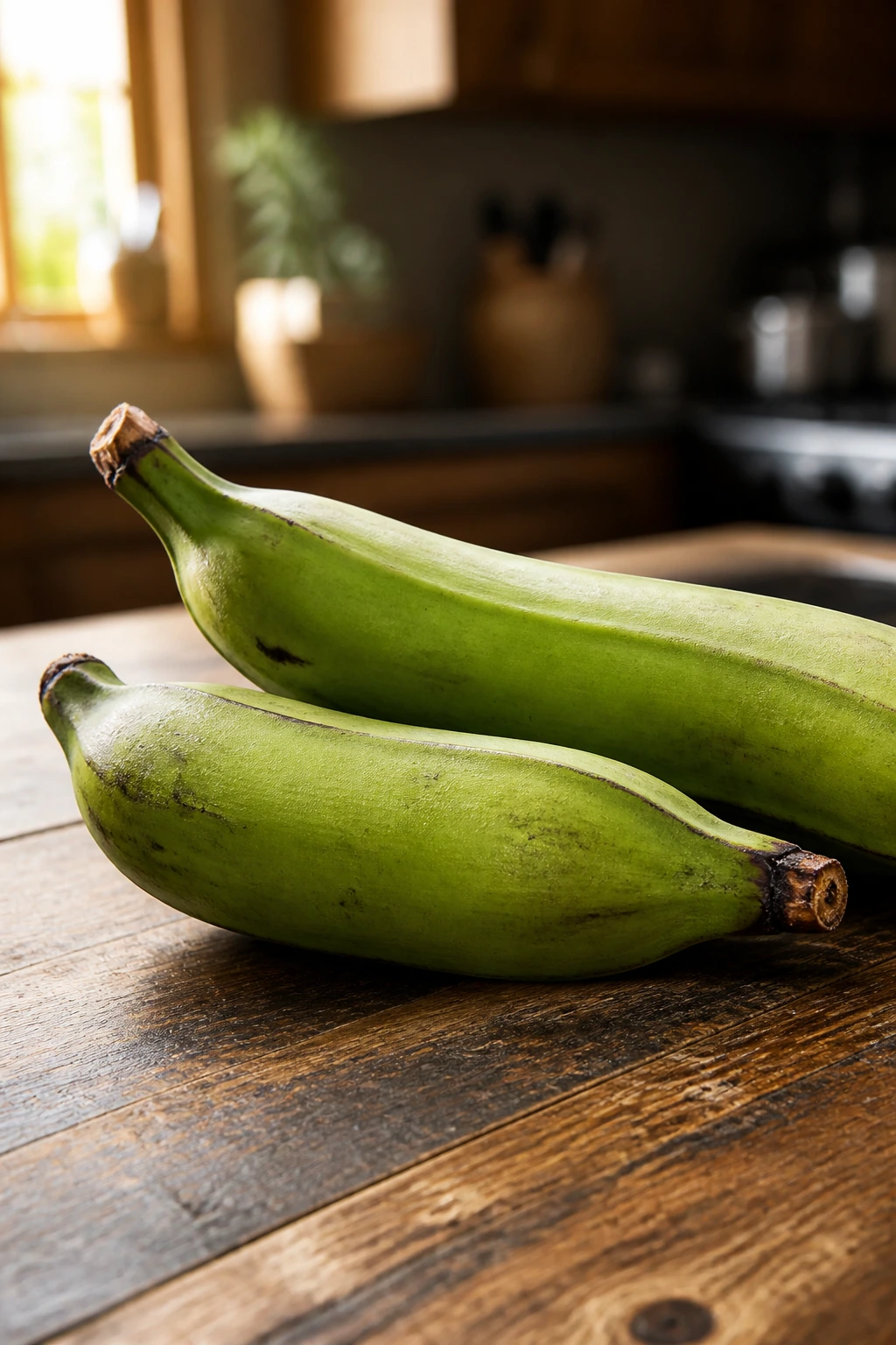 Medium close-up of green unripe plantains on a wooden surface