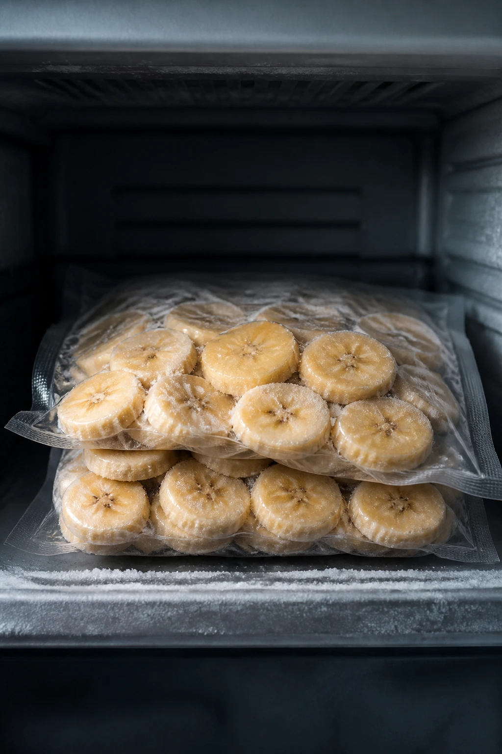 How Long Are Frozen Bananas Good For? All You Need To Know 7 Vacuum-sealed bag of banana pieces in a freezer.
