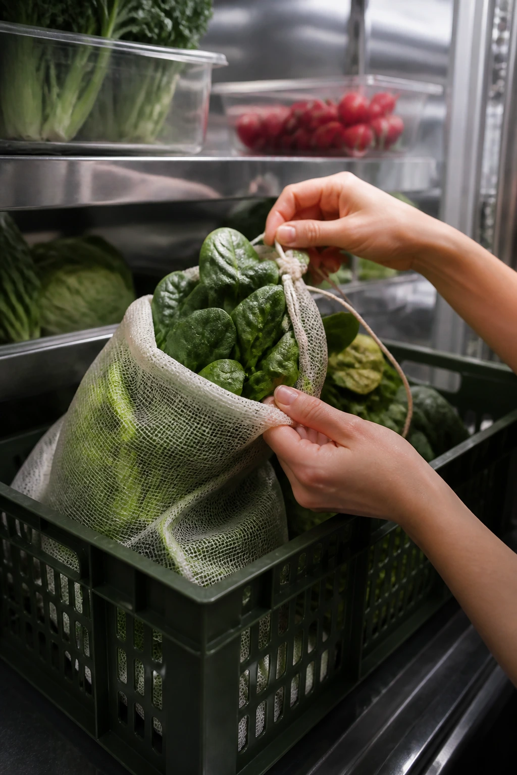 How To Transport Fresh Vegetables Properly - The Right Way 3 Close-up of hands packing leafy greens into breathable mesh bag in cold storage
