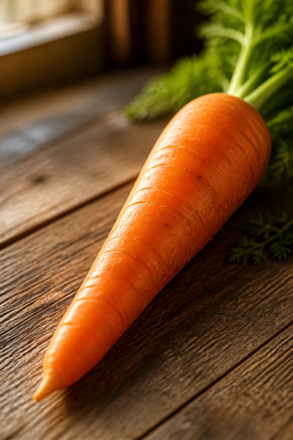 Close-up of a single carrot dominating the frame in a kitchen setting