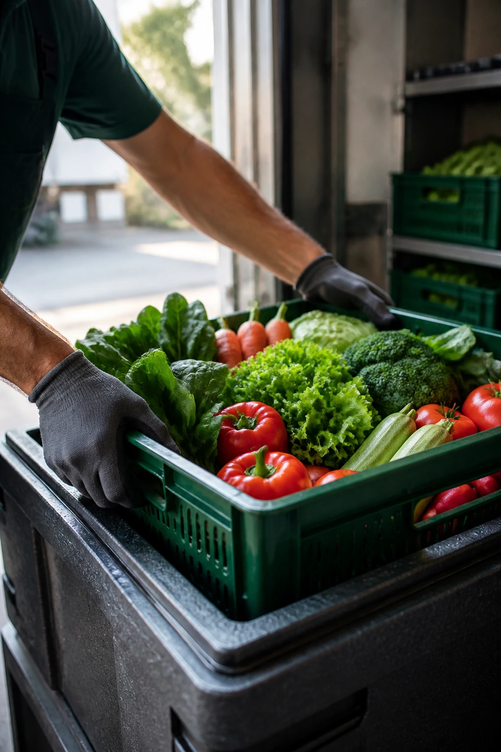 How To Transport Fresh Vegetables Properly - The Right Way 1 Close-up of hands loading fresh vegetables into an insulated crate in a refrigerated loading area