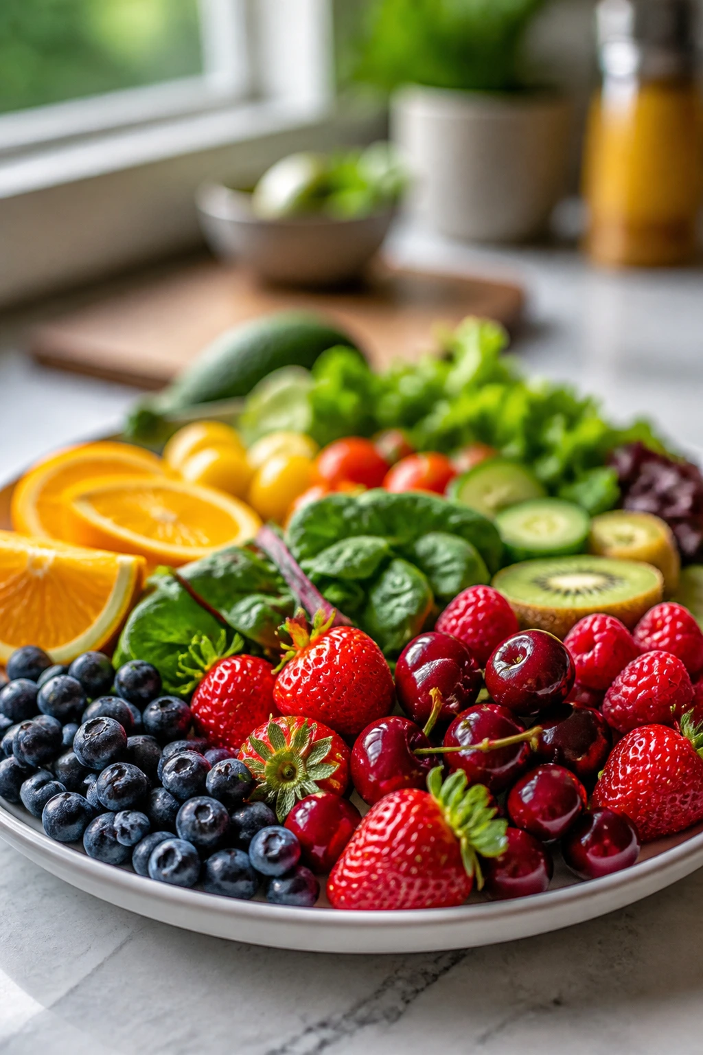 Close-up of a colorful healthy meal plate highlighting vein-friendly foods.
