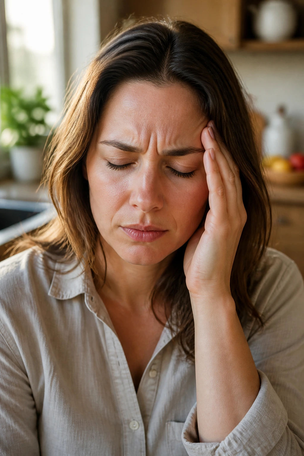 10 Amazing Fruits That Are Good For Vertigo 1 Close-up portrait of a person showing dizziness in a kitchen, illustrating how food affects vertigo