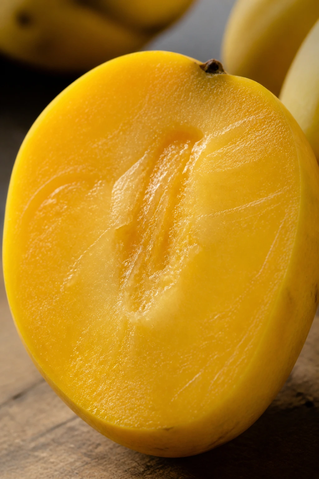 Close-up of a June plum exposing yellow flesh rich in vitamin A