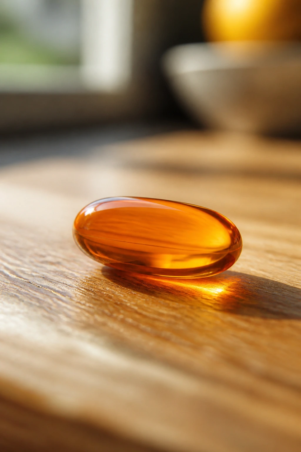 The 15 Best Fruits That Are Rich in Vitamin C 1 Close-up of a single orange vitamin C capsule on a wooden countertop with natural light