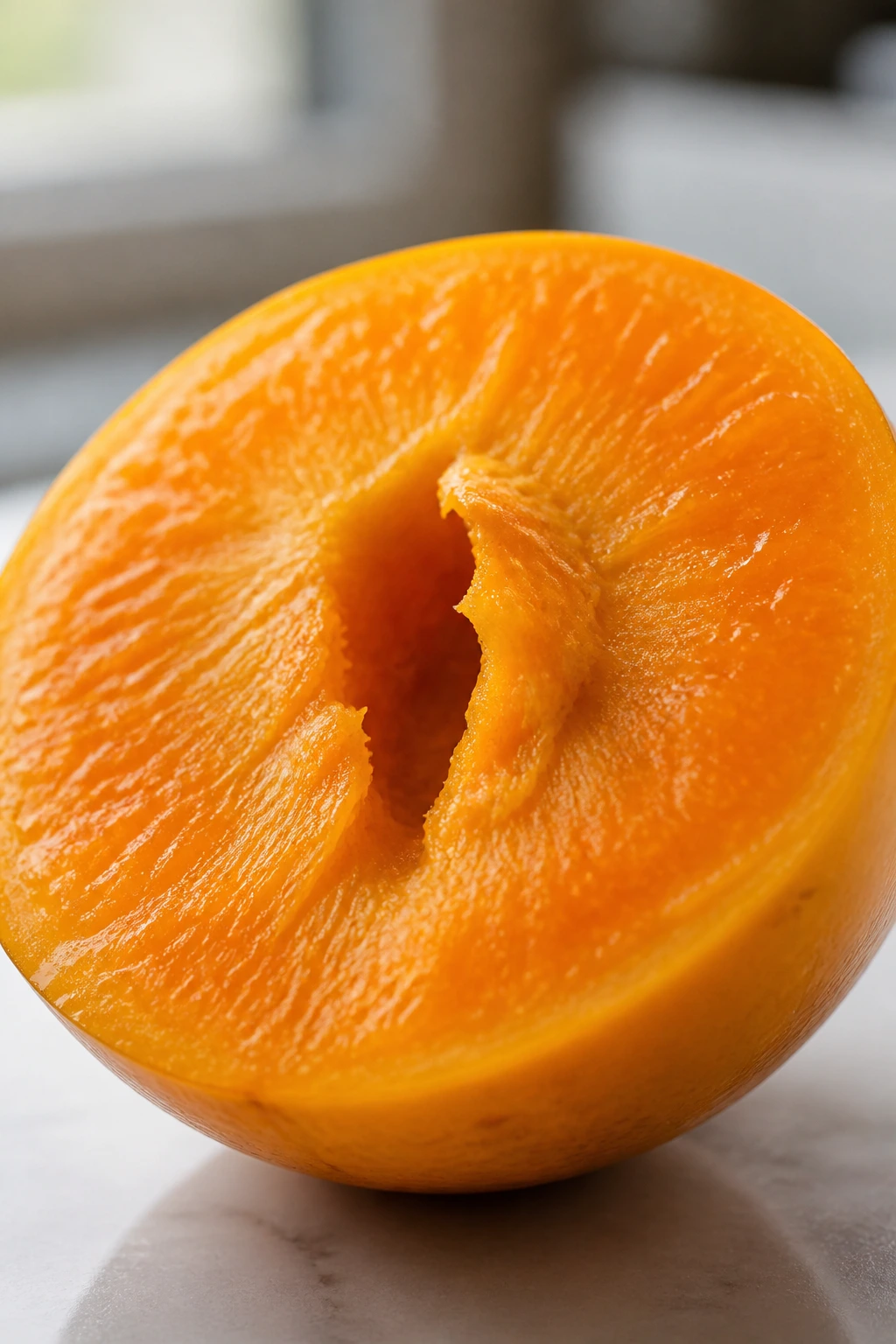 Close-up of a ripe June plum cross-section showing vibrant orange flesh rich in vitamin C
