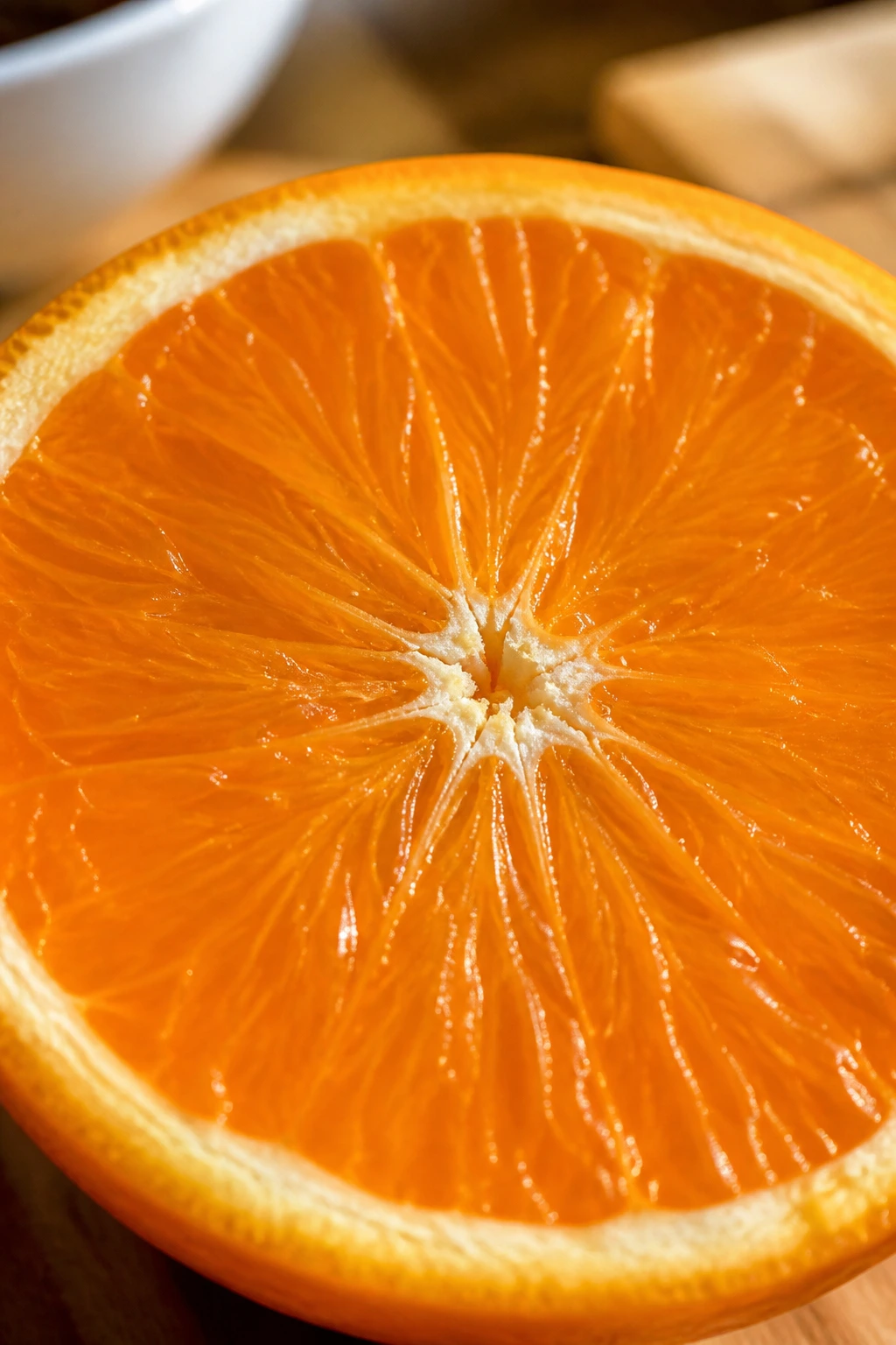 Macro close-up of an orange slice highlighting juicy segments