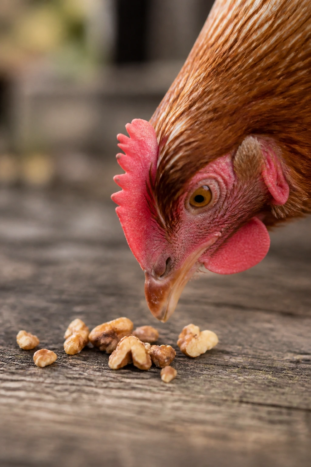 Chicken with small walnut fragments on wood in outdoor setting