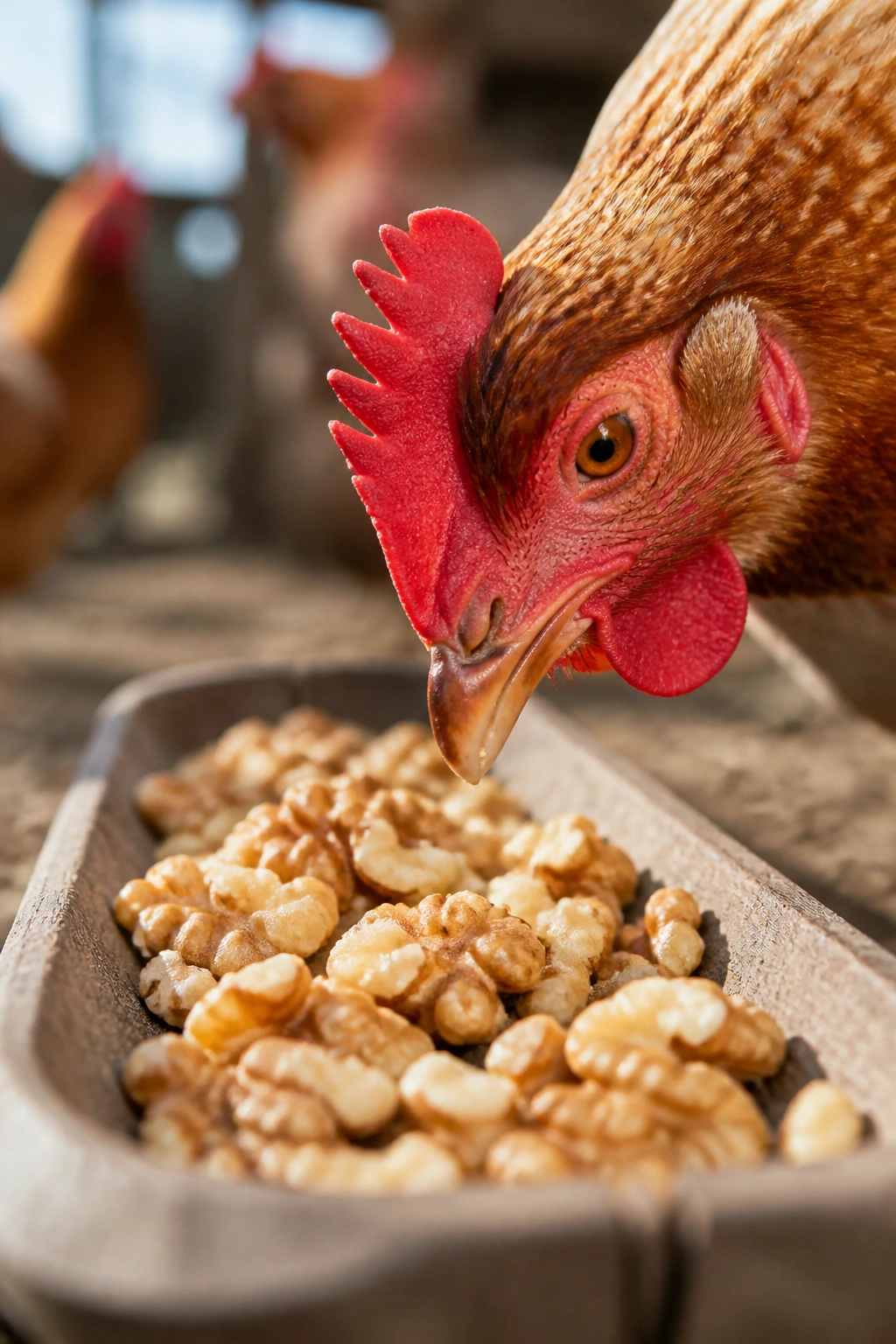 Chicken beak near shelled-free walnut pieces in a farmyard