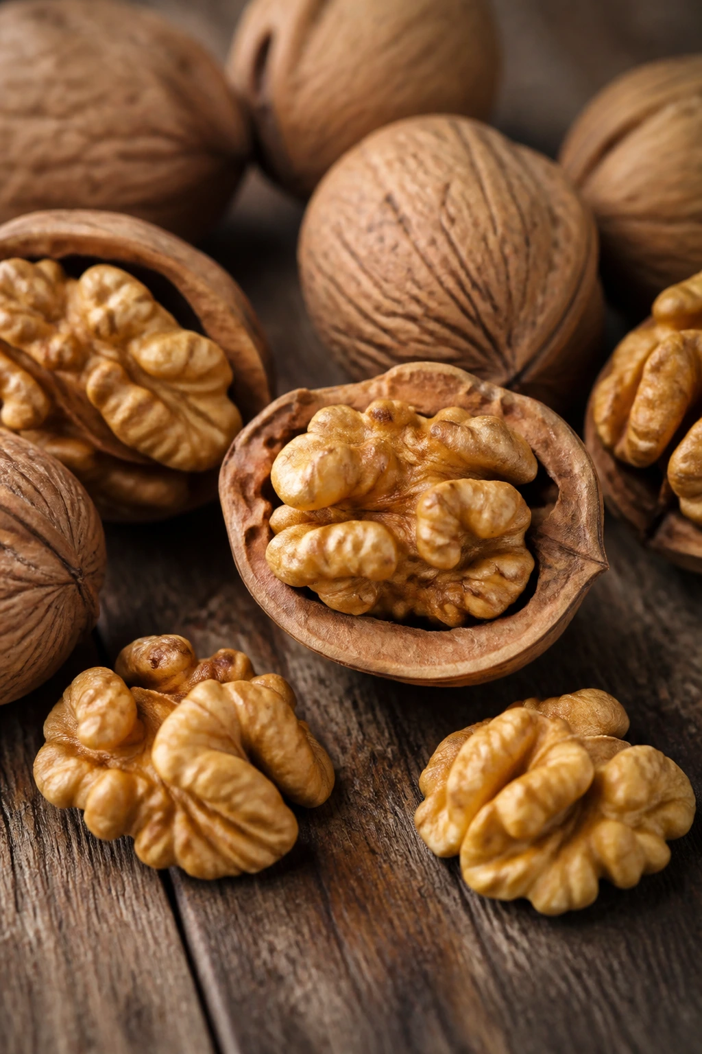 Close-up walnuts showing shells and kernels on wooden surface
