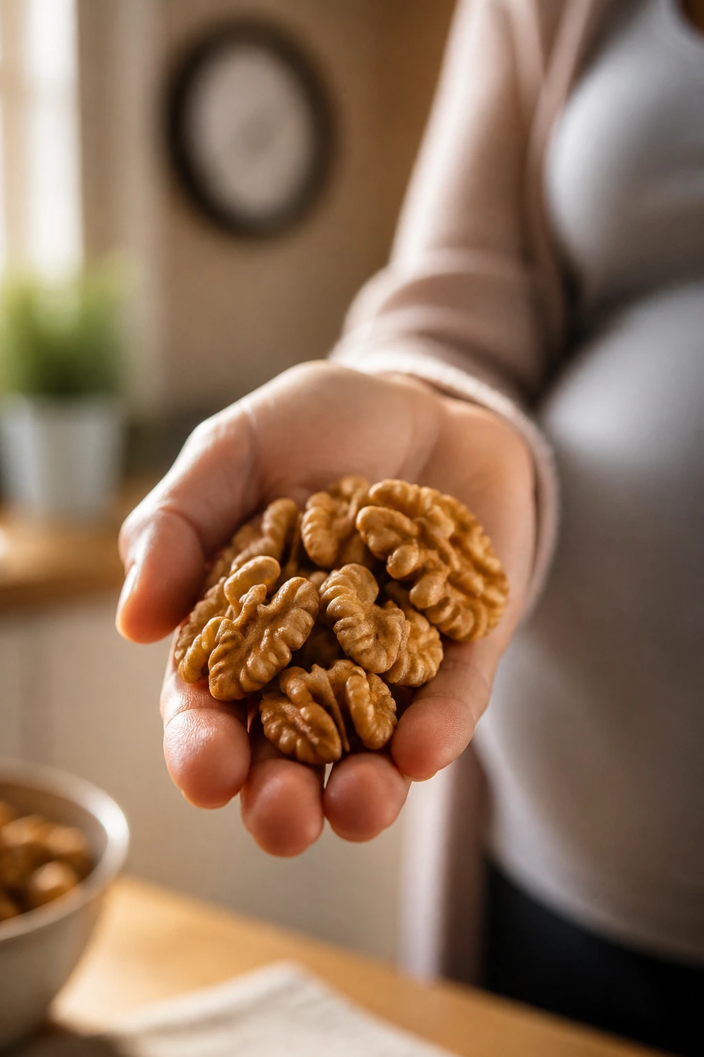 Timing Is Key: Best Time To Eat Dry Fruits During Pregnancy 3 Walnuts in a hand with clock in background