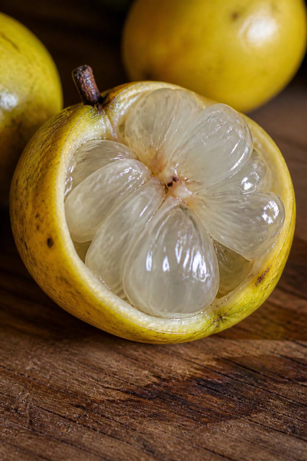 Wampee Fruit: Nutrition Facts, Health Benefits, And More 1 Close-up of sliced wampee fruit showing juicy segments on wooden counter