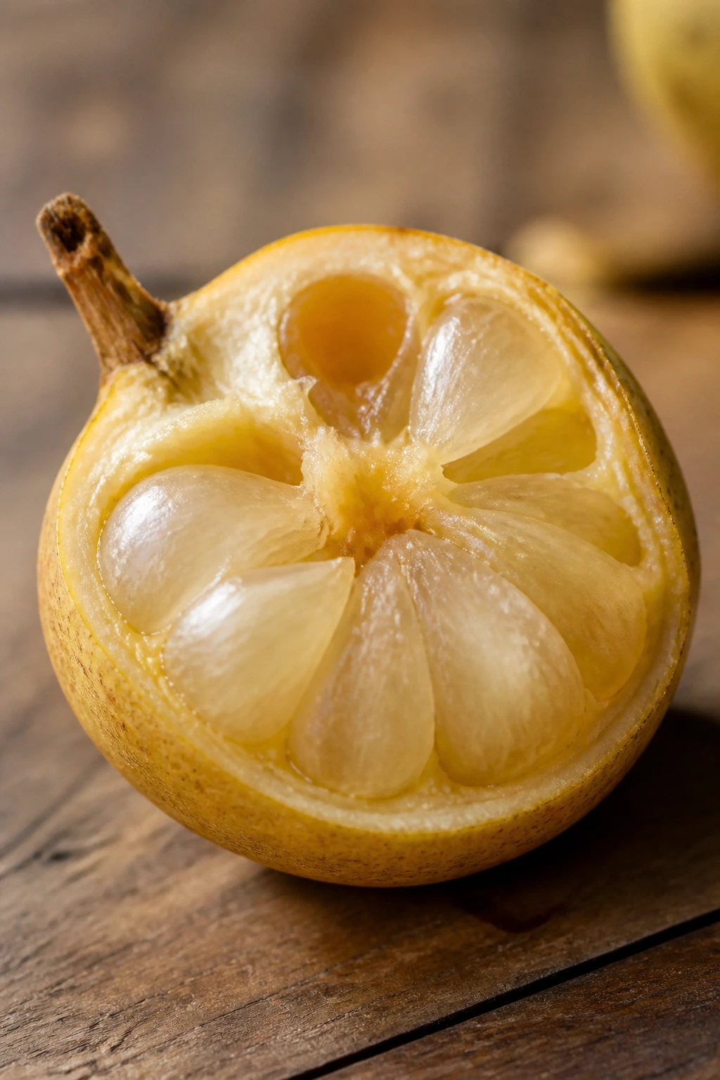 Wampee fruit cut open showing tart-sweet interior