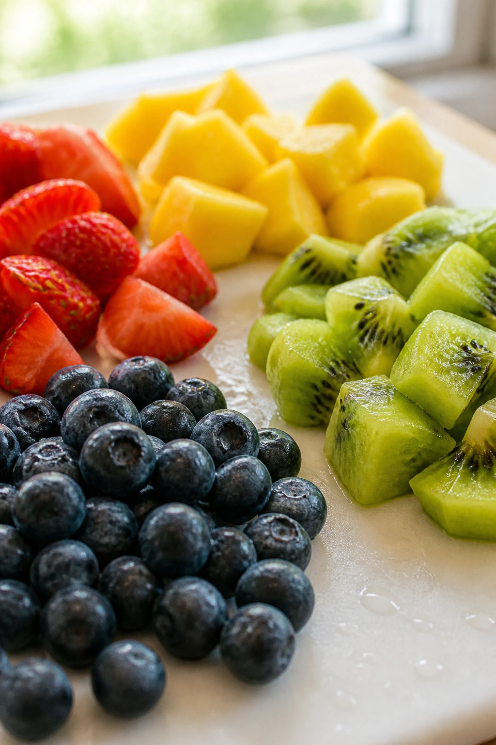 Storing Your Fruit Salad to Last - Freezing Fresher, Longer 5 Washed and dried fruit pieces ready for freezing on a clean surface.