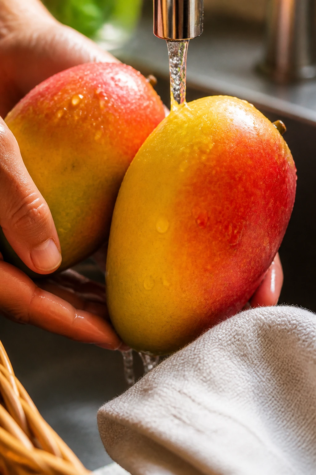 Mangoes being washed and dried in a kitchen before storage.