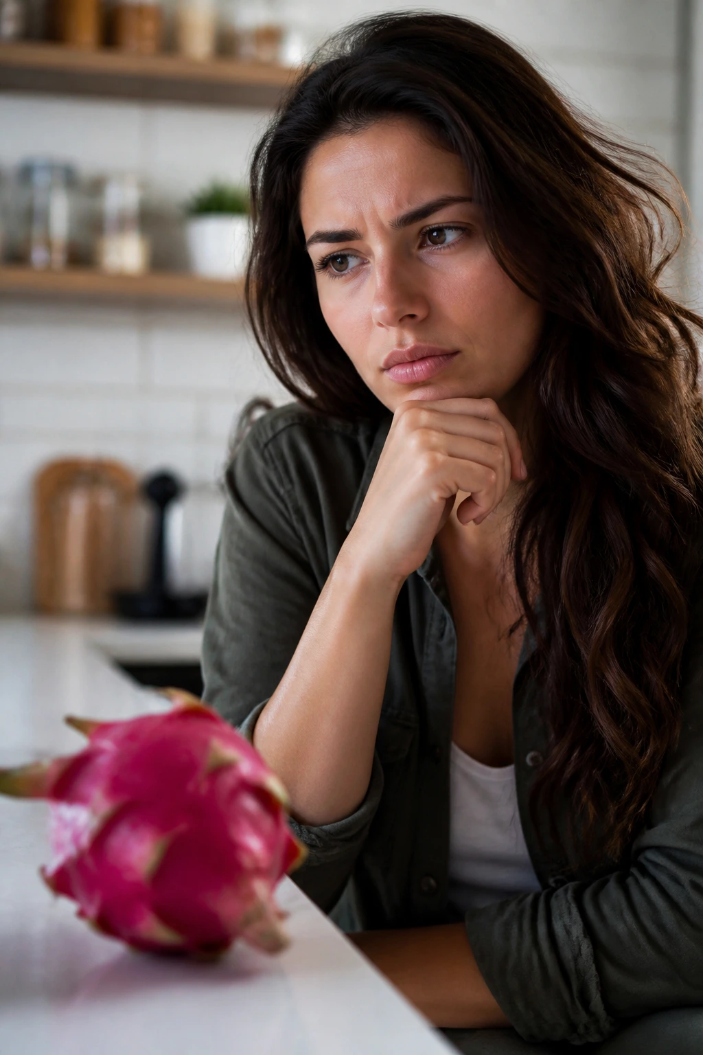 10 Benefits Of Dragon Fruit For Hair Growth And Shine 11 Thoughtful person in a kitchen with dragon fruit in background