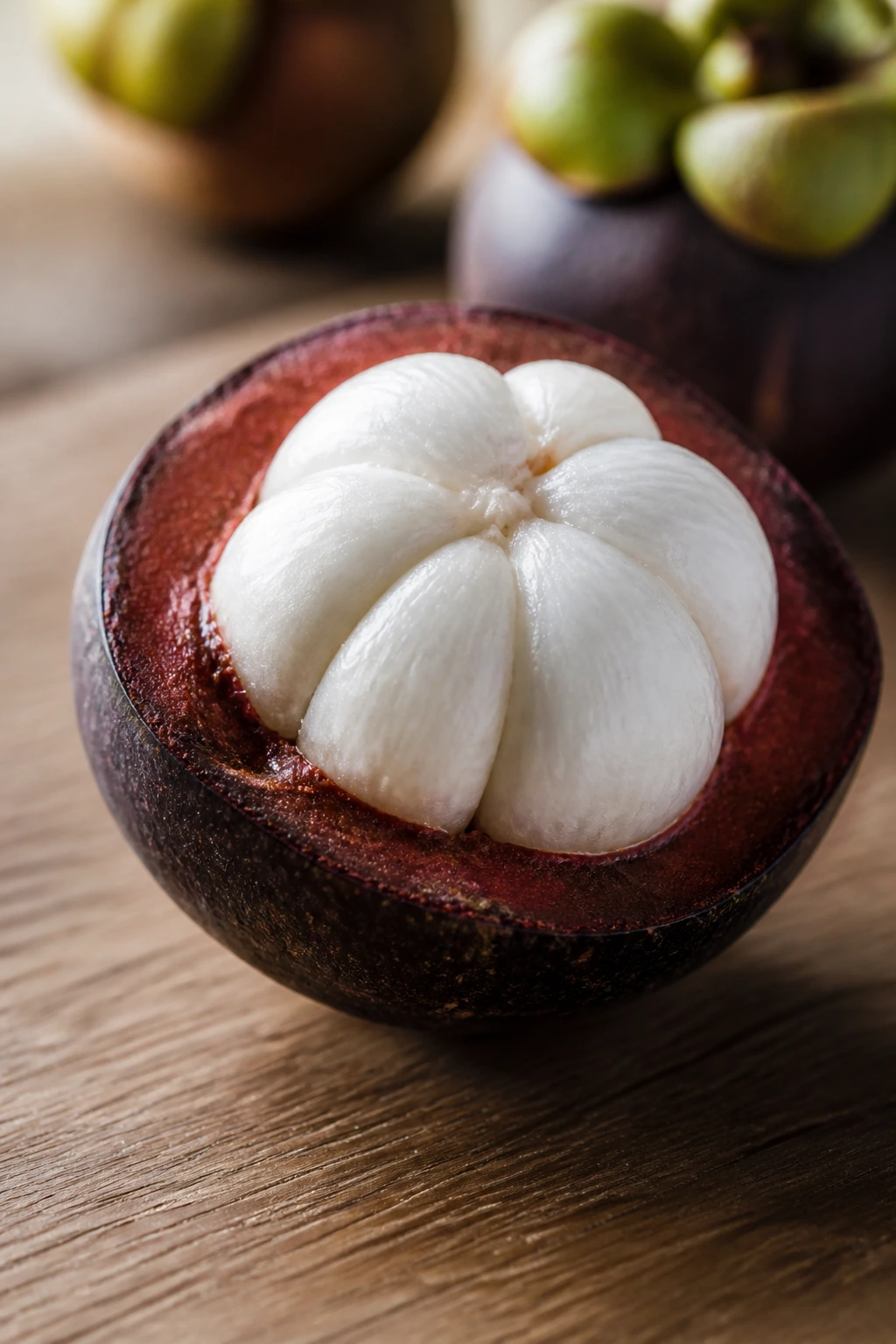 Mangosteen half with segments on wood surface