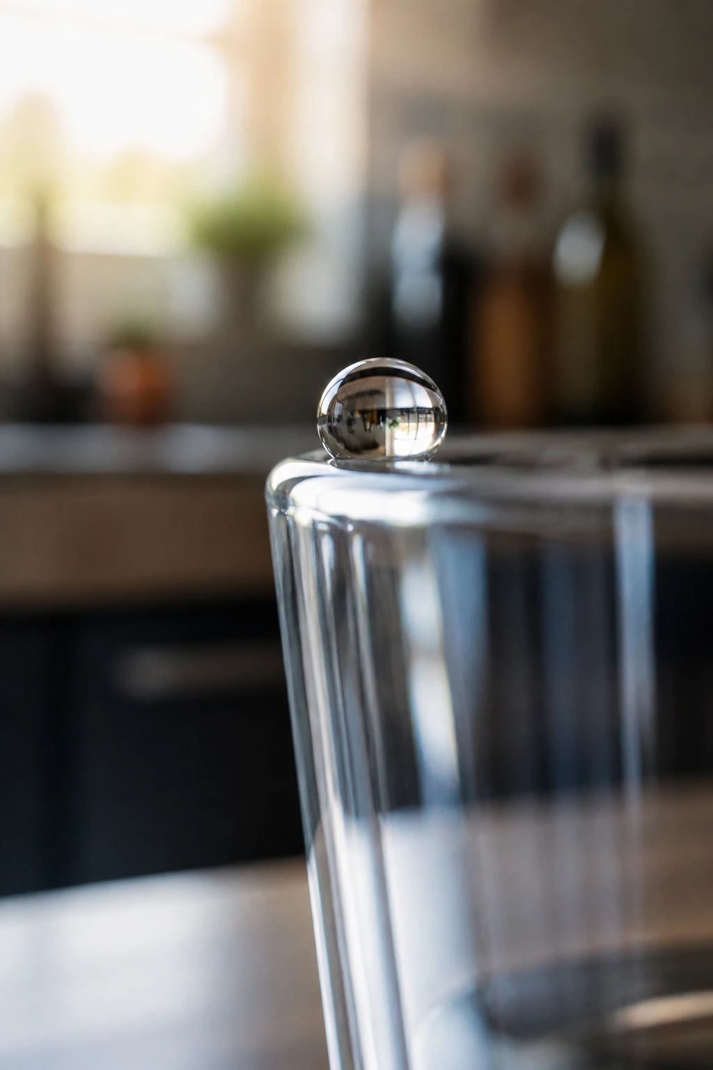 Macro close-up of a water droplet on a glass rim.